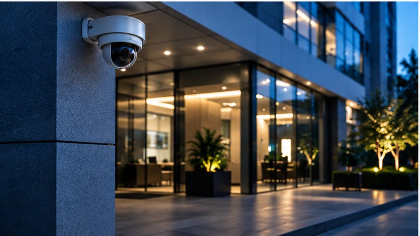 Câmera de segurança em edifício corporativo